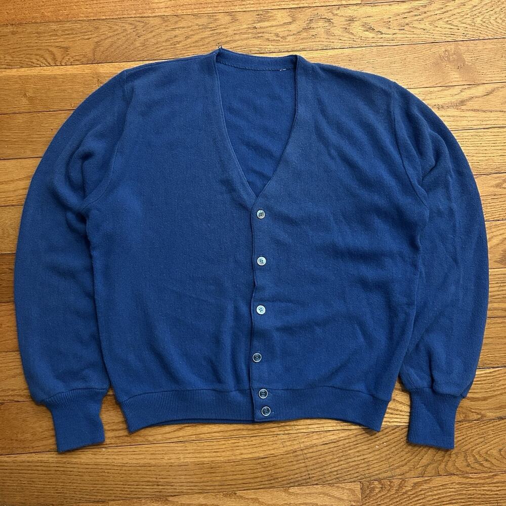 Vintage 70s Royal Blue Acrylic Knit Punk Grunge Cardigan Sweater XL